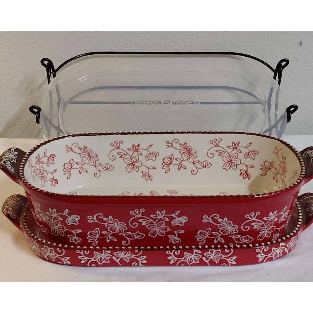 Temp-tations by Tara Floral Lace 2 Qt Baking Dish Set w Lid Tray Rack Red Floral - Picture 7 of 12